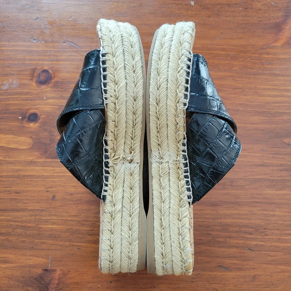 Sam Edelman NATTY Black Croc Embossed Leather Espadrille Platform‎ Slides 7.5M